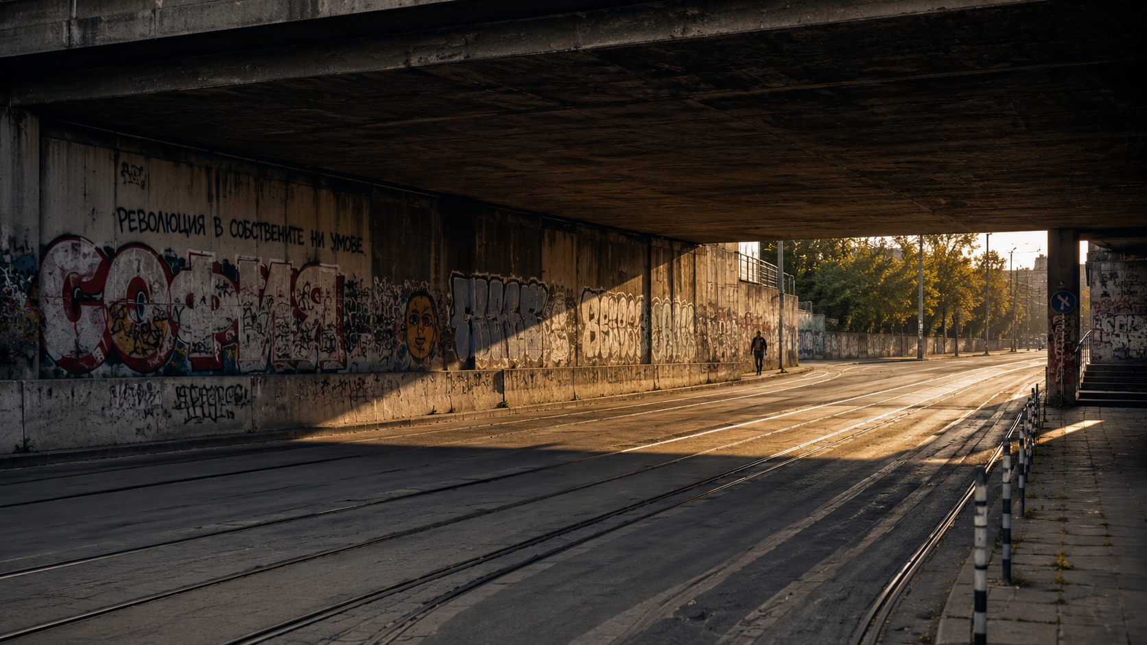 Sofia tramlines beneath a concrete underpass